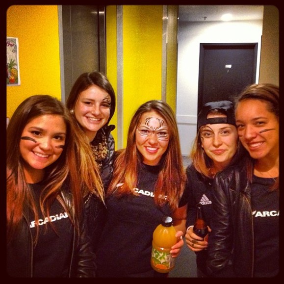 Caroline, Me, Bianca, Jess, and Meghan faces painted ready to cheer on the All Blacks!